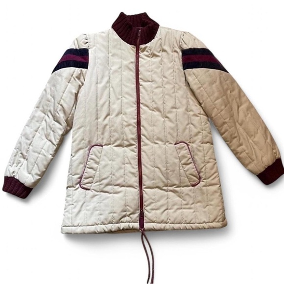 VTG 80s JCPenney Sz M Quilted Bomber Jacket Korea Cream Burgundy Stripe - Picture 4 of 9